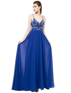Royal Blue Backless Prom Dresses Beading Sleeveless With Train Sweep Train