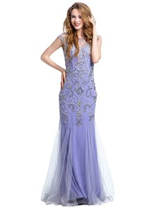 Sexy Mermaid Lavender Prom Evening Gown Prom and Party and For with Beading Scoop Cap Sleeves Side Zipper