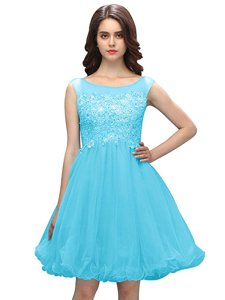 Traditional Knee Length Baby Blue Prom Dresses Organza Sleeveless Beading and Appliques