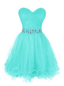 Ruffled A-line Turquoise Sweetheart Organza Sleeveless Mini Length Zipper