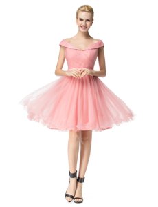 Designer Off the Shoulder Cap Sleeves Tulle Knee Length Zipper Prom Dresses in Pink for with Belt