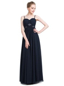 Hot Selling Black Zipper Spaghetti Straps Ruching Prom Gown Chiffon Sleeveless