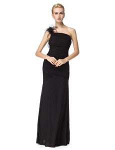 One Shoulder Black Sleeveless Ruching Floor Length Dress for Prom