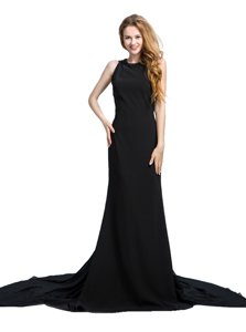 Scoop Black Chiffon Zipper Evening Dress Sleeveless With Brush Train Beading and Lace