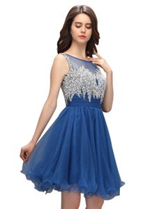 Blue Zipper Bateau Beading Dress for Prom Organza Sleeveless