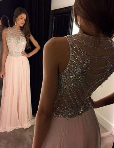 Free and Easy Scoop Sleeveless With Train Beading Side Zipper Dress for Prom with Pink Brush Train