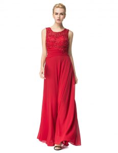 Affordable Scoop Red Column/Sheath Beading and Ruching Dress for Prom Lace Up Chiffon Sleeveless Floor Length