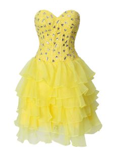 Fantastic Yellow Column/Sheath Beading and Ruffled Layers Prom Dress Zipper Chiffon Sleeveless Mini Length