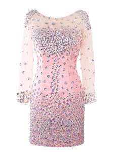 High End Pink Scoop Neckline Beading Prom Dress Long Sleeves Zipper