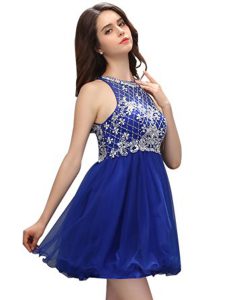 Hot Sale Scoop Royal Blue Zipper Prom Dress Beading Sleeveless Mini Length