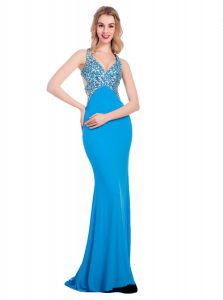 Custom Made With Train Baby Blue Prom Dress Silk Like Satin Sleeveless Beading