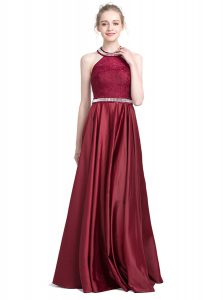 Romantic Floor Length Burgundy Prom Dresses Halter Top Sleeveless Zipper