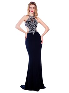 Sweep Train Column/Sheath Navy Blue High-neck Silk Like Satin Sleeveless With Train Criss Cross