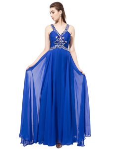 Gorgeous Chiffon V-neck Sleeveless Sweep Train Criss Cross Beading Prom Dresses in Royal Blue