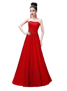 Beading Prom Dress Red Lace Up Sleeveless Floor Length