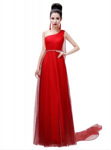 Glorious One Shoulder Coral Red Sleeveless Chiffon Side Zipper Evening Dress for Prom and Party