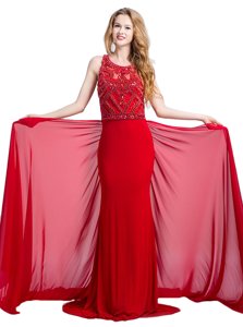 Court Train Empire Prom Evening Gown Red Scoop Silk Like Satin Sleeveless With Train Zipper