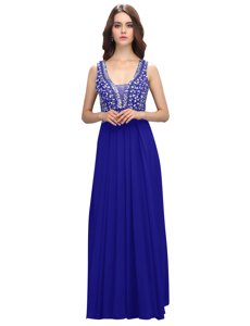Royal Blue Empire Straps Sleeveless Chiffon Floor Length Zipper Beading Prom Party Dress