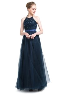 Luxury Halter Top Navy Blue Empire Beading Evening Dress Zipper Tulle Sleeveless Floor Length