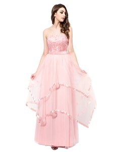 Fabulous Baby Pink Organza Zipper Homecoming Dress Sleeveless Floor Length Lace