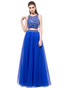 Floor Length Royal Blue Prom Party Dress Scoop Sleeveless Lace Up
