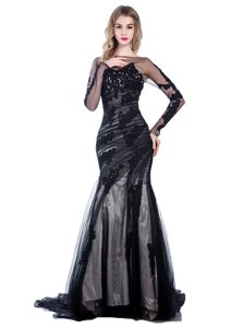 Gorgeous Mermaid Tulle Bateau Long Sleeves Court Train Zipper Lace Evening Dress in Black