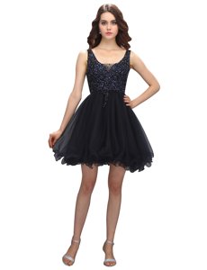 Fine Black A-line Beading Prom Gown Criss Cross Organza Sleeveless Mini Length