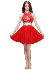 Coral Red High-neck Zipper Beading and Appliques Evening Dress Sleeveless