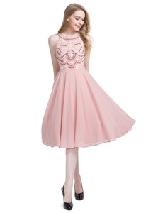Top Selling Pink Column/Sheath Chiffon Scoop Sleeveless Beading Knee Length Zipper Prom Dress