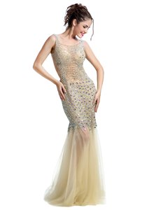 Fancy Mermaid Tulle Square Sleeveless Backless Beading Evening Dress in Champagne