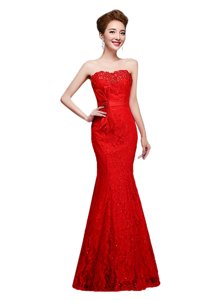 Mermaid Strapless Sleeveless Prom Evening Gown Floor Length Lace Red Lace