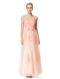 Scoop Lace Evening Dress Peach Zipper Cap Sleeves Floor Length