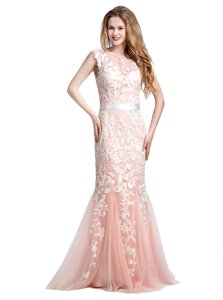 Scoop Cap Sleeves Brush Train Zipper Prom Dresses Pink Tulle