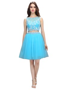 Custom Design Baby Blue Homecoming Dress Prom and Party and For with Appliques Scoop Sleeveless Backless