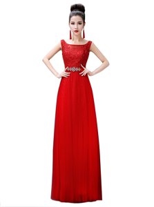 Red Chiffon Zipper Prom Party Dress Sleeveless Floor Length Beading and Lace