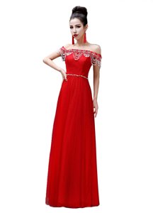 Adorable Off the Shoulder Floor Length Lace Up Prom Dresses Red and In for Prom and Party with Beading