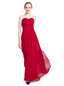 Modest Sleeveless Chiffon Floor Length Zipper in Red for with Ruching