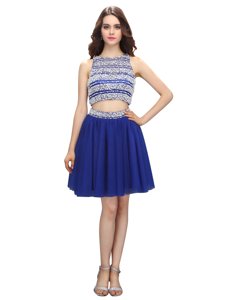 Deluxe Royal Blue Empire Scoop Sleeveless Chiffon Knee Length Backless Beading Prom Dresses