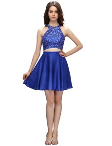 Royal Blue Zipper High-neck Beading Prom Dress Satin Sleeveless