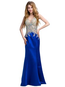 Satin V-neck Sleeveless Backless Beading Prom Gown in Royal Blue