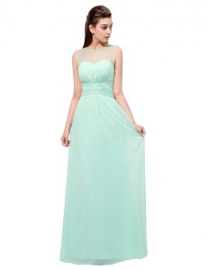 Scoop Turquoise Sleeveless Floor Length Ruching Zipper Dress for Prom