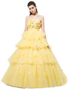Yellow Sleeveless Ruffled Layers and Hand Made Flower With Train Prom Evening Gown
