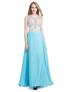 Scoop Aqua Blue Sleeveless Beading Floor Length