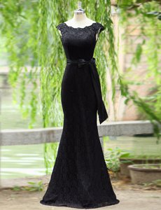 Mermaid Scoop Floor Length Zipper Black and In for Prom and Party with Lace