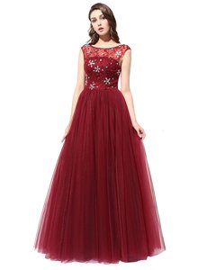 Elegant Scoop Beading Burgundy Zipper Sleeveless Floor Length