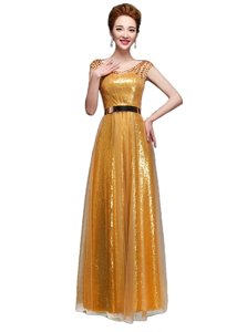 Sequined Scoop Cap Sleeves Zipper Beading and Sequins and Belt Prom Evening Gown in Gold