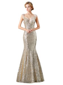 Mermaid Sleeveless Floor Length Sequins Zipper Prom Evening Gown with Champagne