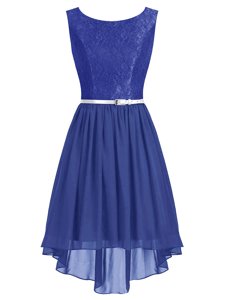 Modern Scoop Blue Side Zipper Prom Gown Lace and Belt Sleeveless High Low