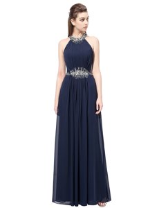 Dynamic Scoop Navy Blue Sleeveless Chiffon Side Zipper Dress for Prom for Prom and Party