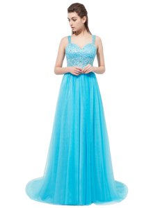 Extravagant Aqua Blue Zipper Prom Dresses Beading Sleeveless With Brush Train